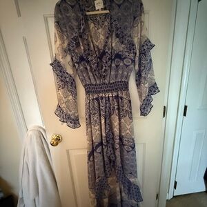 MISA Los Angeles Navy and Beige Paisley Dress